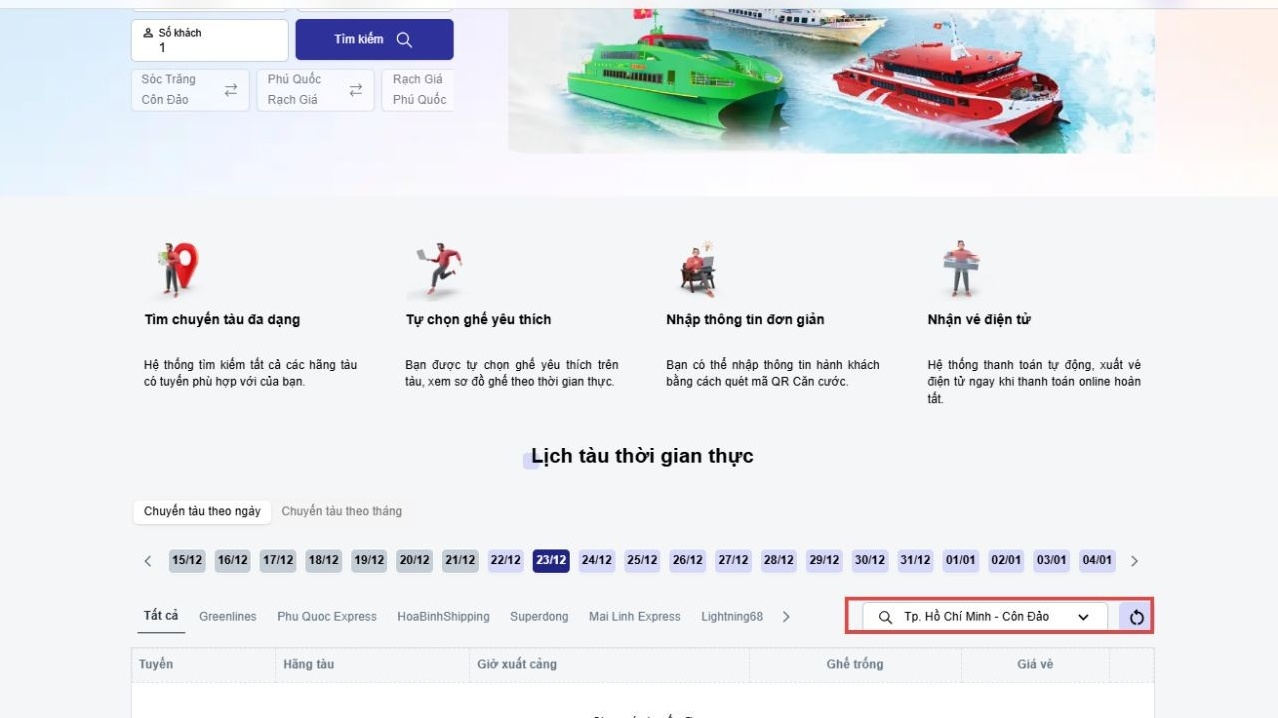 Lịch tàu TP. Hồ Chí Minh Côn Đảo cập nhật theo thời gian thực