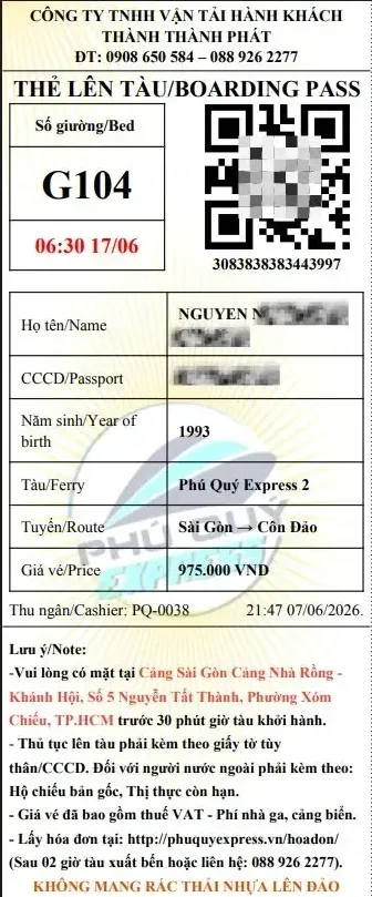 Thẻ lên tàu sài gòn Côn Đảo