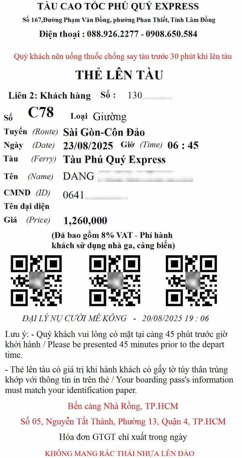 Thẻ lên tàu TP. Hồ Chí Minh Côn Đảo hãng Phú Quý Express